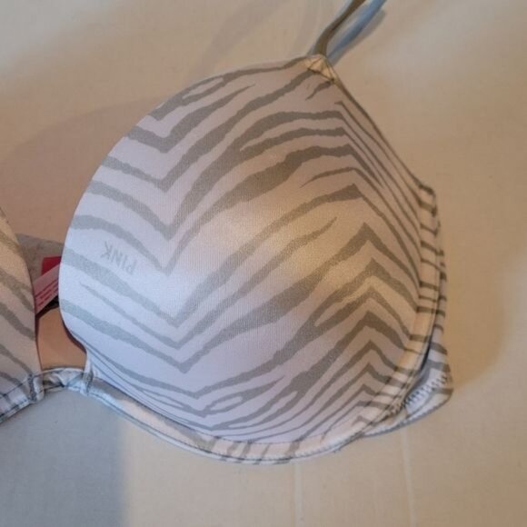Victoria's Secrets Push Up Plunge Bra Size 36D Gray White Animal Print Underwire - Picture 2 of 4